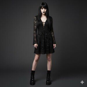 Gothic Black Lace-Up Long Sleeve Dress